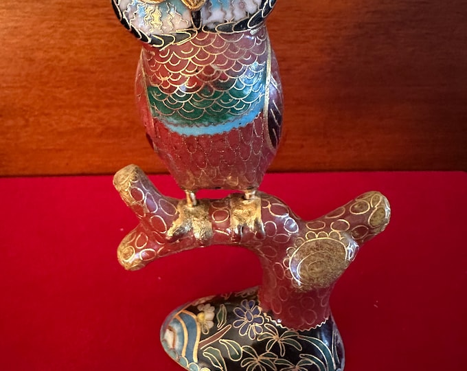 Vintage Cloisonné Enamel Owl Statue on a Branch,  Owl with Brass Base, Colorful Enameled Owl Figurine, Lover Antiques and Vintage