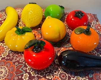 Vintage Murano Style Hand Blown Art Glass Fruit Banana Pear Eggplant Tomato Apple Lemon Peach Lover Antiques and Vintage