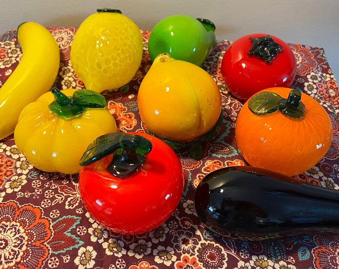 Vintage Murano Style Hand Blown Art Glass Fruit Banana Pear Eggplant Tomato Apple Lemon Peach Lover Antiques and Vintage