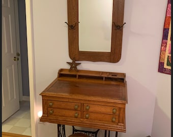 Antique Victorian Oak Desk Vanity with Jones Cast Iron Bottom Entryway Lover Antiques and Vintage