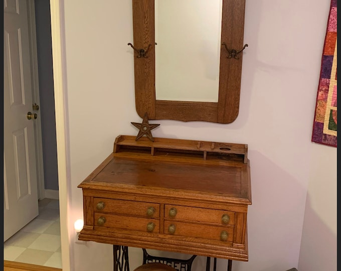 Antique Victorian Oak Desk Vanity with Jones Cast Iron Bottom Entryway Lover Antiques and Vintage