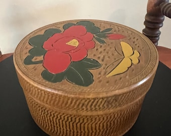 Vintage Wood Asian Set of 8 Wood Coasters in a Wooden Hand Painted Flower & Butterfly Decorative Box Made in Japan Lover Antiques Vintage