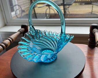 Vintage Blue Ruffled Basket, Fenton Art Glass, Candy Dish, Fancy Blue Glass Art, Lover Antiques and Vintage