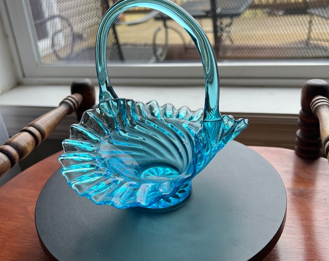 Vintage Blue Ruffled Basket, Fenton Art Glass, Candy Dish, Fancy Blue Glass Art, Lover Antiques and Vintage