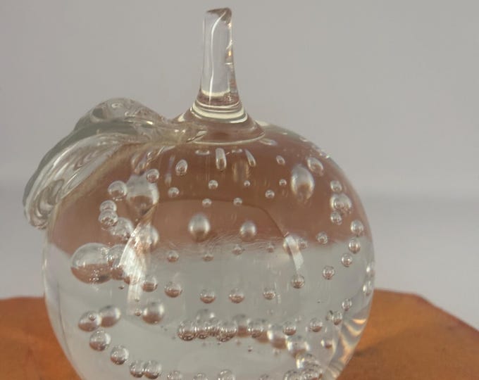 Vintage Hand Blown Glass Apple Paperweight with Bubbles Stem Leaf 3 Inch Clear Art Glass Decor
