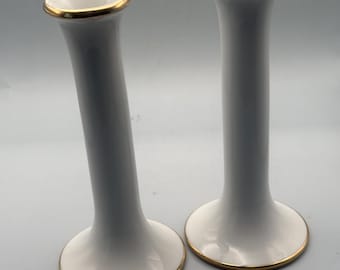 Vintage Dansk White Porcelain Candle Holders Gold Trim Mid Century Decor Set