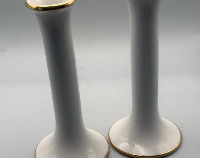 Vintage Dansk White Porcelain Candle Holders Gold Trim Mid Century Decor Set