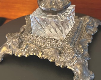Antique Brass & Crystal Owl Inkwell - Vintage Desk Decor