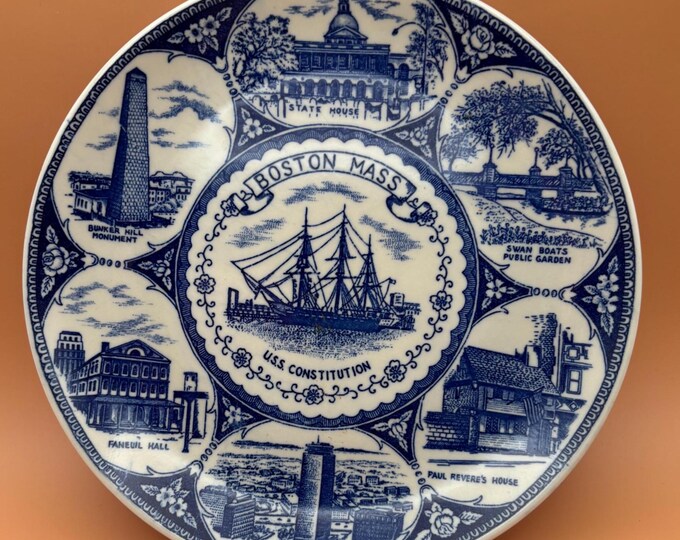 Massachusetts USS Constitution Warship Plate, Blue Bay State Collector Piece, Lover Antiques and Vintage