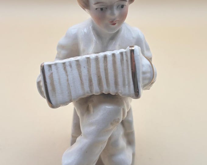 Vintage Man Sitting on Box Playing Accordion Hand Painted Japan Boy Figurine with Squeeze Box Lover Antiques and Vintage