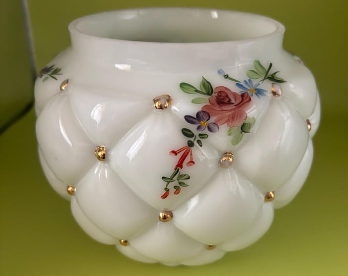 Vintage Consolidated Con Cora Glass Bowl Jar Quilted Rose Milk Biscuit Hand Painted Dish Lover Antiques and Vintage