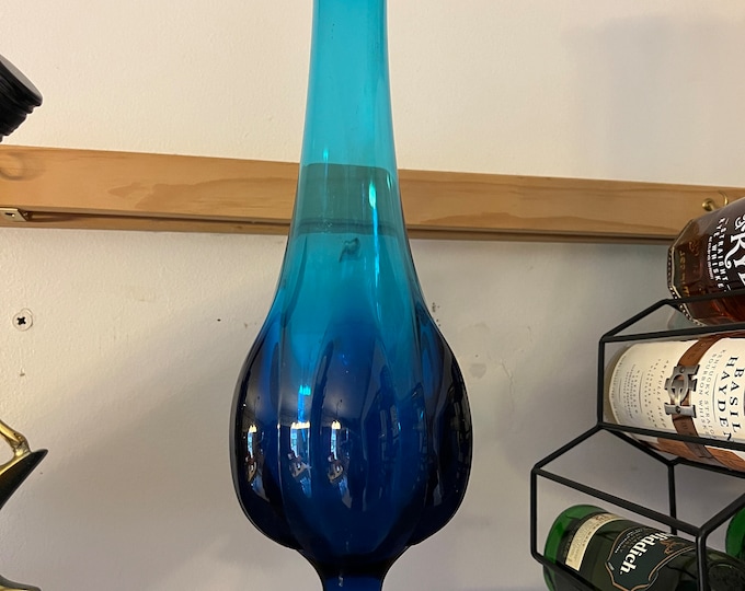 Vintage Viking Epic Blue Swung Vase, Blue Swung Glass Vase, Viking Blue Vase with Pedestal, Lover Antiques and Vintage