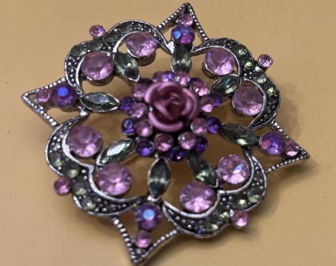 Vintage Purple Floral Brooch with Pink Green Stones