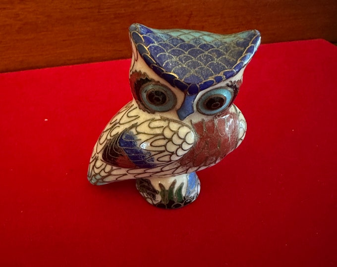 Vintage Cloisonné Enamel Owl Statue with Brass Base, Colorful Enameled Cobalt Blue Owl Figurine, Lover Antiques and Vintage