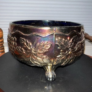 Vintage Fenton Amethyst Carnival Glass Bowl: Grape & Leaf Pattern