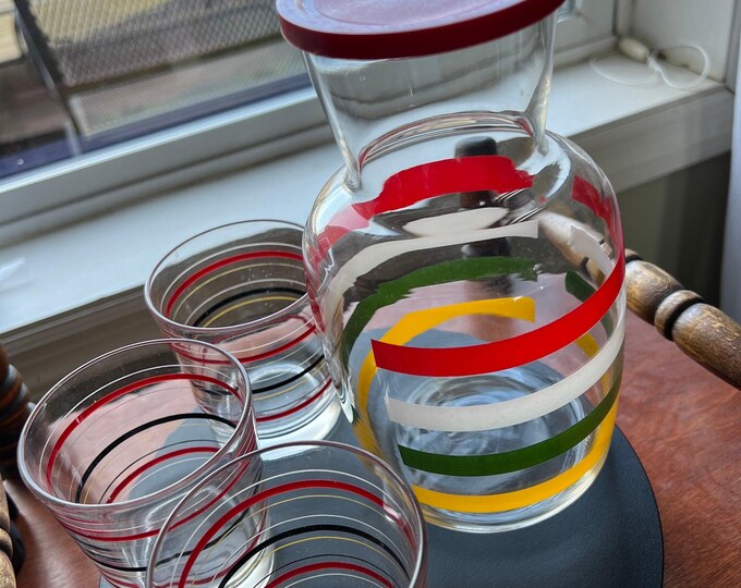 Vintage Fiesta Bands Striped Carafe with Lid & 3 Glasses Anchor Hocking 1950'S Mid Century Modern Drink Ware Lover Antiques and Vintage