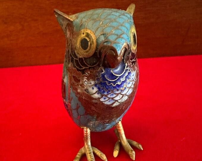 Vintage Cloisonné Enamel Standing Brass Owl Statue, Colorful Enameled Cobalt Blue Owl Figurine, Lover Antiques and Vintage