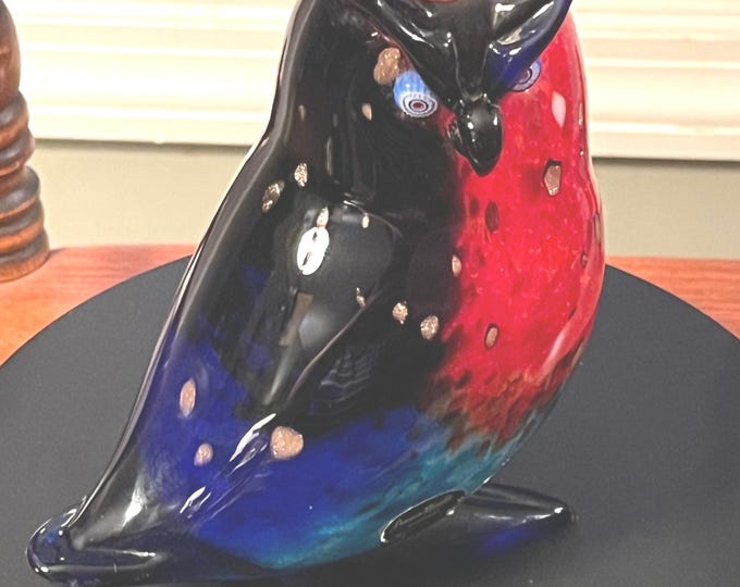 Vintage Murano Owl, signed by Franco Moretti Blue Red and Gold Sculpture, Owl Figurine, Art Glass, Lover Antiques and Vintage