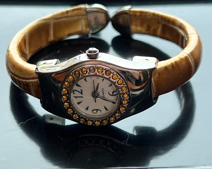 Vintage Women’s Silver & Amber Orange Gemmed Bangle Watch Mid Century Modern Lover Antiques and Vintage