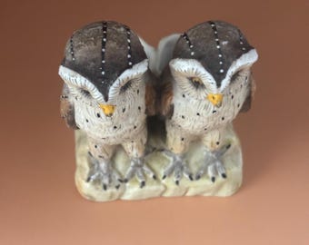 Ernst Bohne & Sohne Two Owls on Log Porcelain Figurine, Signed EBS with Anchor Sign