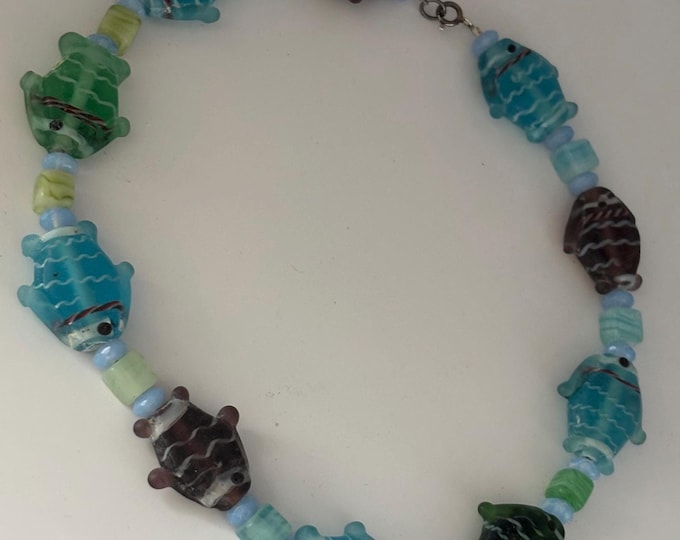 Vintage Raw Glass Fish Beaded Choker Necklace with Clasp Sea Inspired Jewelry Lover Antiques and Vintage