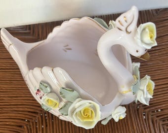 Vintage Lefton Hand Painted Porcelain Swan with Roses Capodimonte Style Figurines Japanese Lover Antiques and Vintage