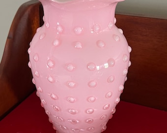 Fenton Pink Hobnail Ruffled Glass Vase, Pink Ruffled Art Glass, Hobnail Vase from Fenton, Lover Antiques and Vintage