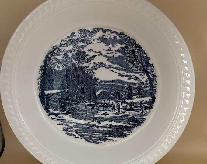 Vintage Royal China Pie Plate Blue & White Outdoor Scene Cutting Wood Horse Plate Lover Antiques and Vintage