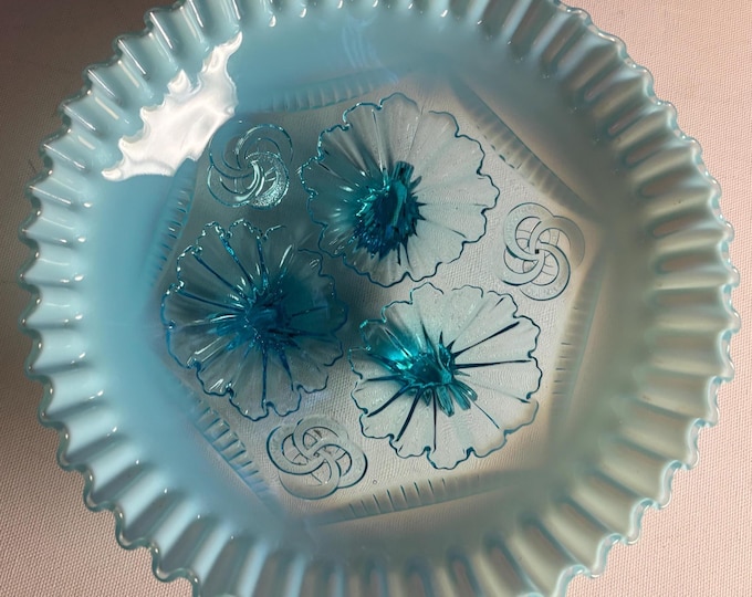 Vintage Jefferson Glass Blue Opalescent Footed Bowl Wheel and Gate Design Lover Antiques and Vintage