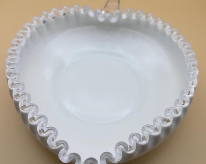 Fenton Milk Glass Hobnail Ruffled Heart Bowl Bonbon Dish with Handle Ruffled Art Glass Lover Antiques and Vintage