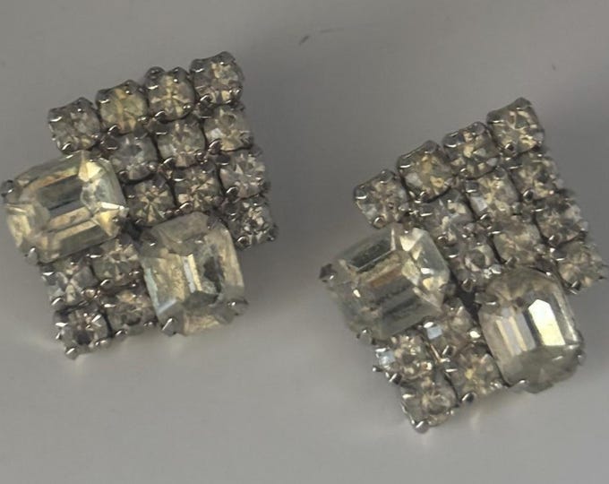 Silver Rhinestone Sparkling Clip On Earrings, Art Deco Jewelry