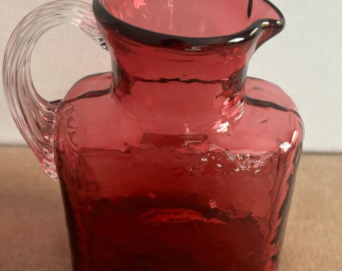 Vintage Fenton Cranberry Pitcher with Ruffled Rim handle Hand Blown with Gold Pink Art Glass Great Gift!