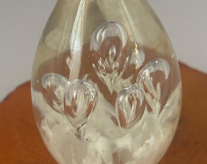 Hand Blown Egg Shaped Paperweight, Bullicante Clear Controlled Bubbles, Lover Antiques and Vintage