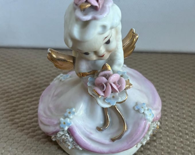 Vintage Lefton Angel with Gold Gilded Wings Holding Roses Hand Painted Porcelain Figurines Japanese KW8231 Lover Antiques and Vintage