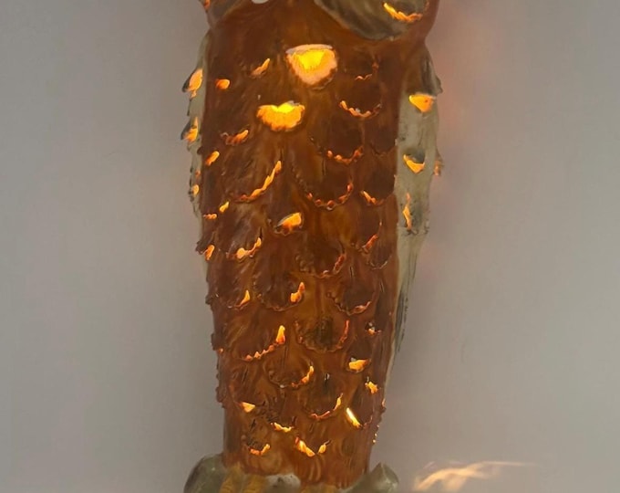 Vintage Ceramic Owl Lamp Mid Century Brown Porcelain Figurine Night Light Decor