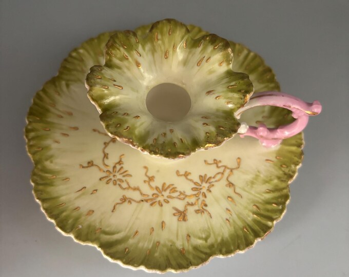 Vintage Limoges Green Gold Pink Fancy Candle Chamberstick with Saucer, French Porcelain Candle Holder, Unique Gift for Her