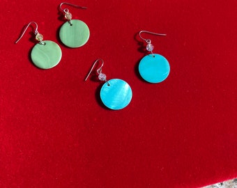 Vintage Opalescent Circle Earrings: Blue & Green Hoop Set