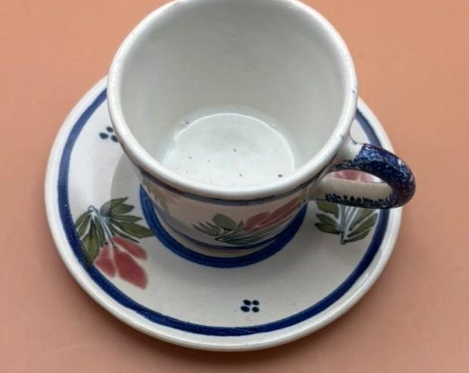 Antique Henriot Quimper Pottery Tea Cup and Saucer Made in France Number 102 Flower Motif Blue and Rose Lover Antiques and Vintage