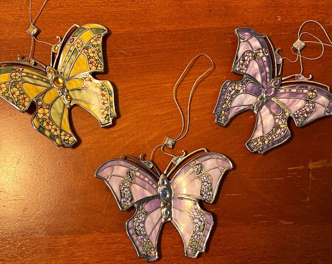 Vintage Bradford Editions Butterflies Silken Wings Porcelain Lot of 3 stained glass butterfly Christmas ornaments gift Set #7