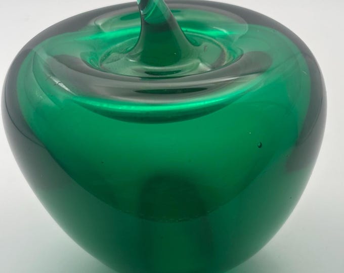 Blenko Emerald Green Glass Apple Paperweight Vintage 3.5 inch Mid Century Art Glass Decor