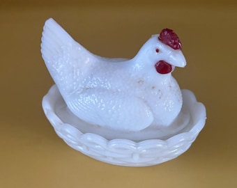 Vintage Westmoreland White & Red Rooster on Nest Glass Nesting on Basket Dish Lover Antiques and Vintage
