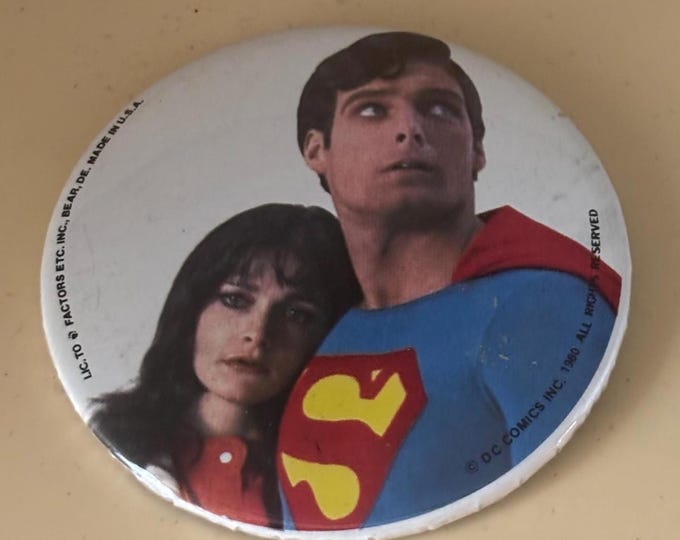 Vintage Superman Movies Pin 1980 Christopher Reeve Margot Kidder Lover Antiques and Vintage