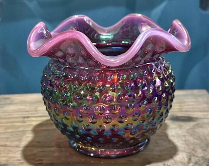 Fenton Plum Opalsecent Hobnail Rose Bowl, Iridized Carnival Glass, Lover Antiques and Vintage