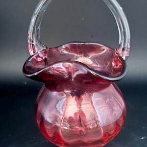 Vintage Fenton Cranberry Ruffled Basket Pink Glass Vase Art Glass Home Decor Lover Antiques and Vintage