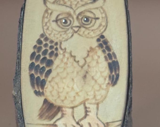Wood Burned Owl Perched on Branch, Original Pyrography Created by Artist Chris Perugicit in June 1980, Live Edge Slice of Wood Artwork