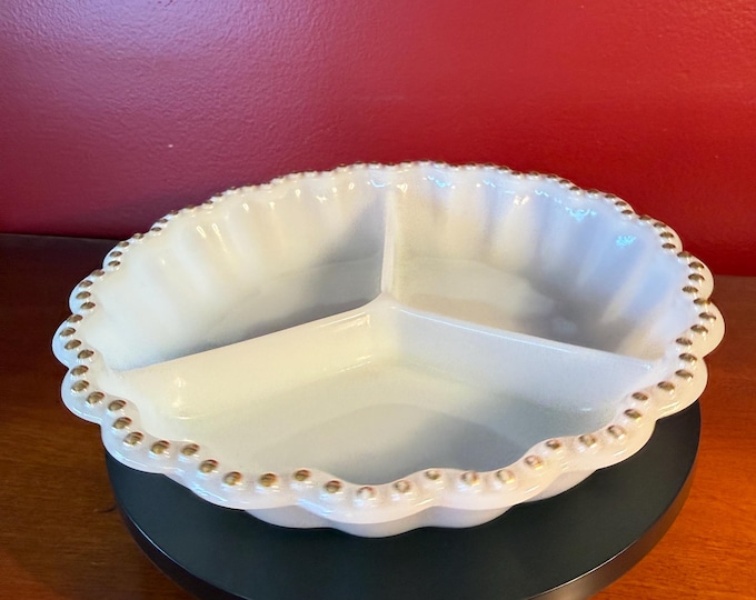 Vintage Anchor Hocking Gold Hobnail Milk Glass Divided Glass Dish