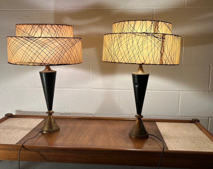 Pair of Matching Vintage Mid Century Modern 2 Tier Fiberglass Lamps Including the Original Atomic Lamp Shades Custom Lighting Lover Antiques