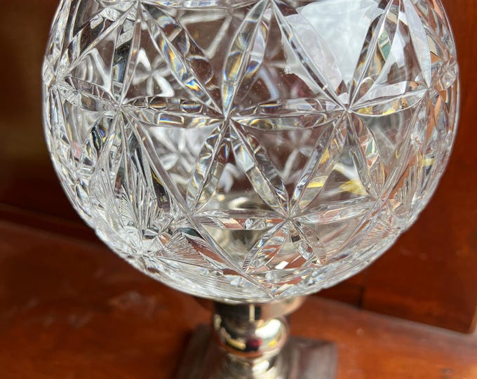 Vintage Waterford Crystal Hurricane Lamp & Metal Candle Holder Base Glass Globe Star of Hope Elegant Gifts at Lover Antiques and Vintage