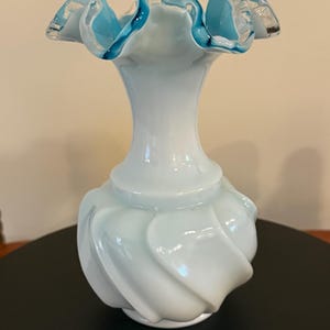 Vintage Fenton Silvercrest Jamestown Wave Crest Blue Ruffled Top with White Overlay Vase Lover Antiques and Vintage