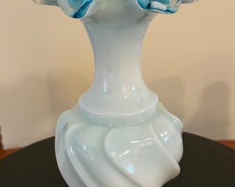 Vintage Fenton Silvercrest Jamestown Wave Crest Blue Ruffled Top with White Overlay Vase Lover Antiques and Vintage